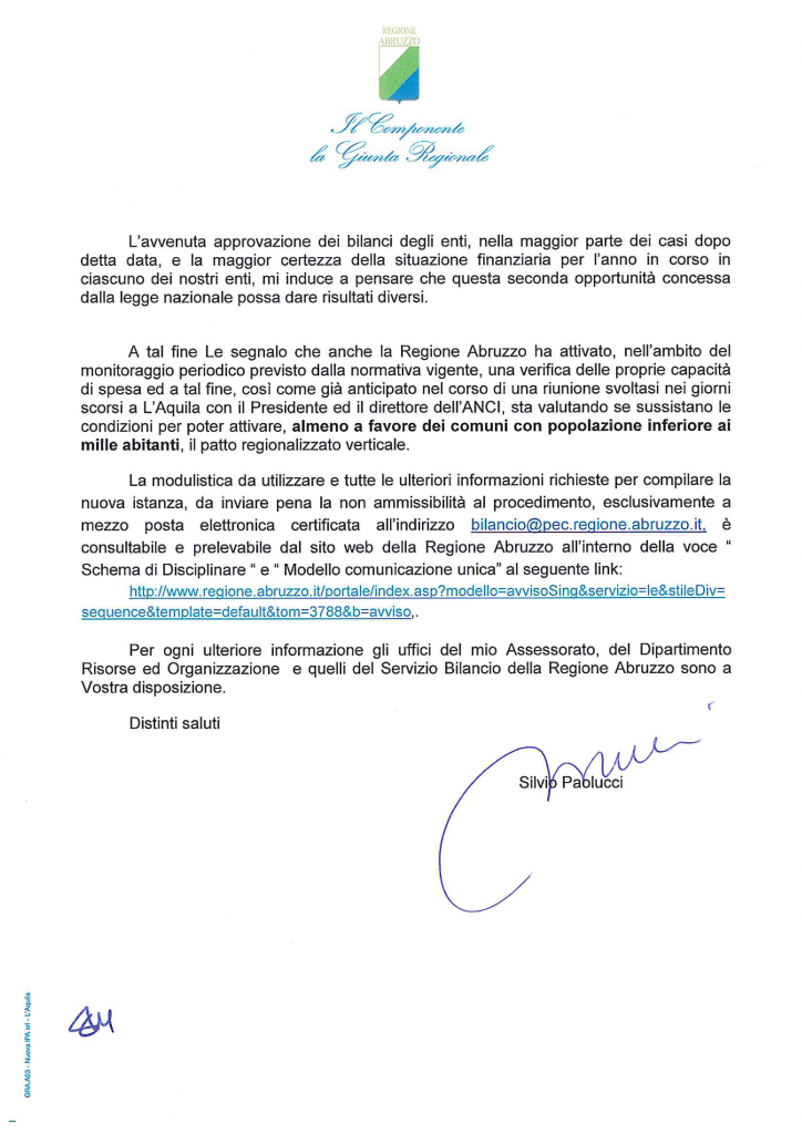 Lettera Spazi finanziari Assessore Silvio Paolucci Regione Abruzzo